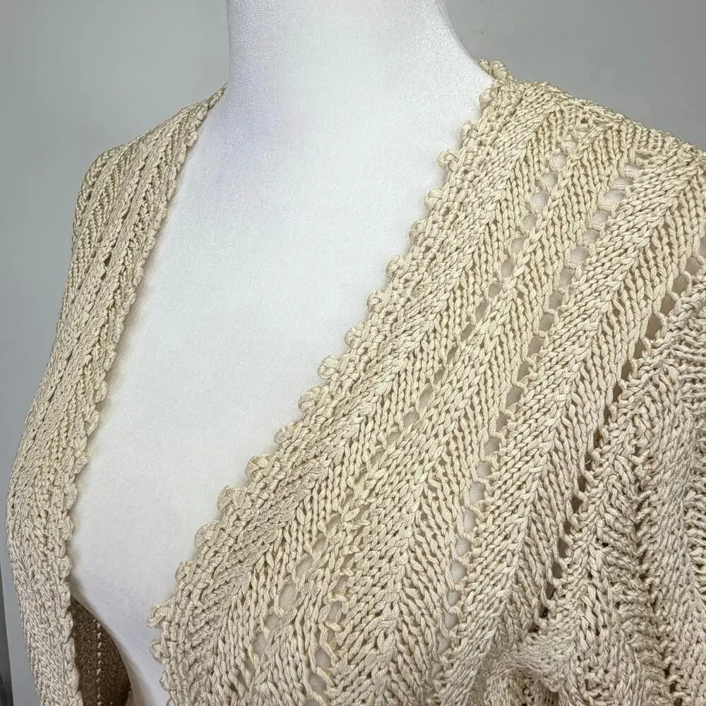 RALPH LAUREN Silk Crochet Cardigan Open Front Beige Womens L Cottagecore Boho - Picture 6 of 8